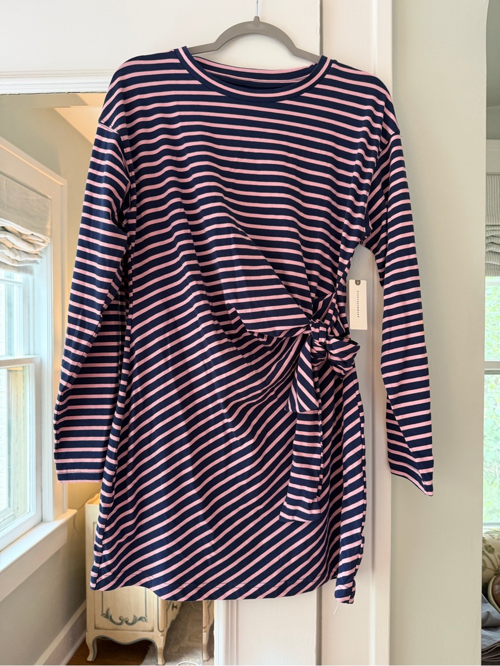 Anthropologie daily practice Navy and Pink Striped Tie-Waist Dress